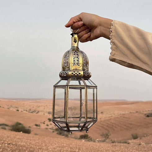 Standing Moroccan Brass Lantern with Clear Glass (CL 1007)